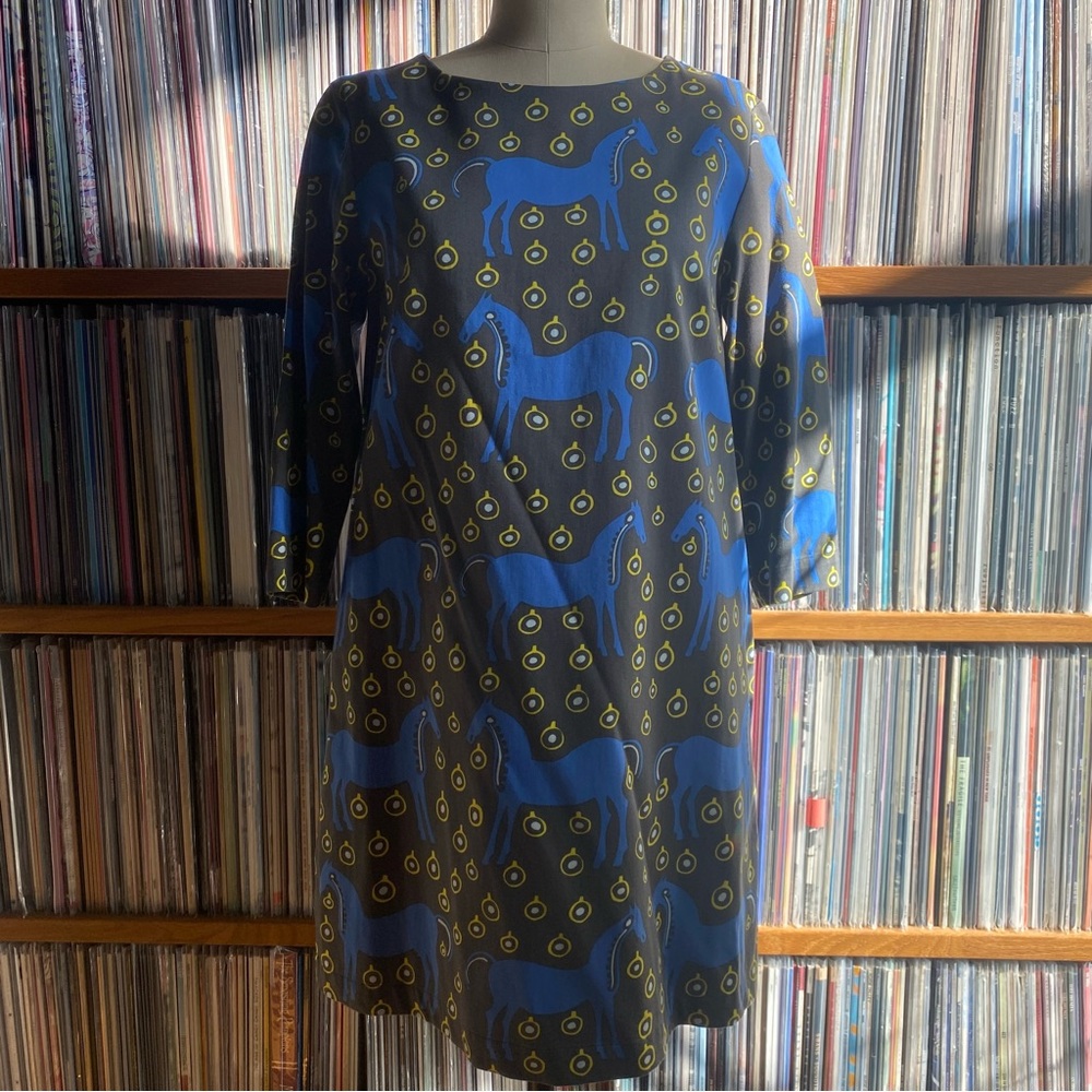 EUC MARIMEKKO Blue and Yellow Horse print Dress Size 36